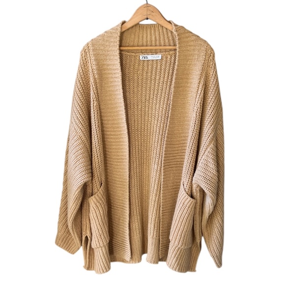 Zara Womens L Tan Chunky Knit Open Front Oversized Cardigan Sweater - Picture 1 of 7